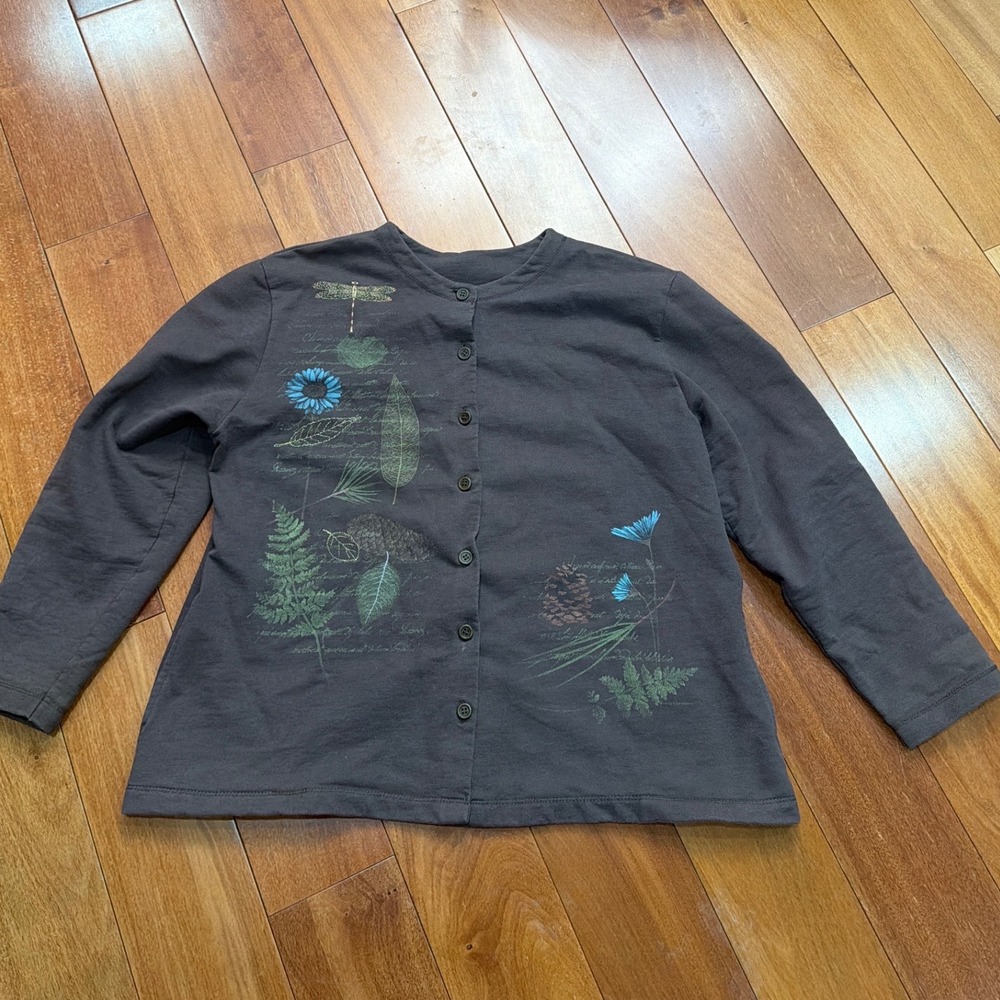 Artisans‎ Vintage Women Cardigan Dragonfly Fern Botanical Print Size XL